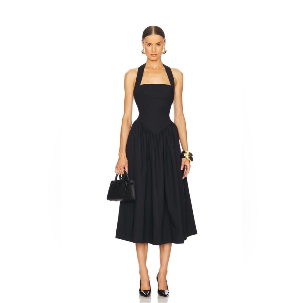 New Helsa Faille Halter elegant chic Black Midi Dress